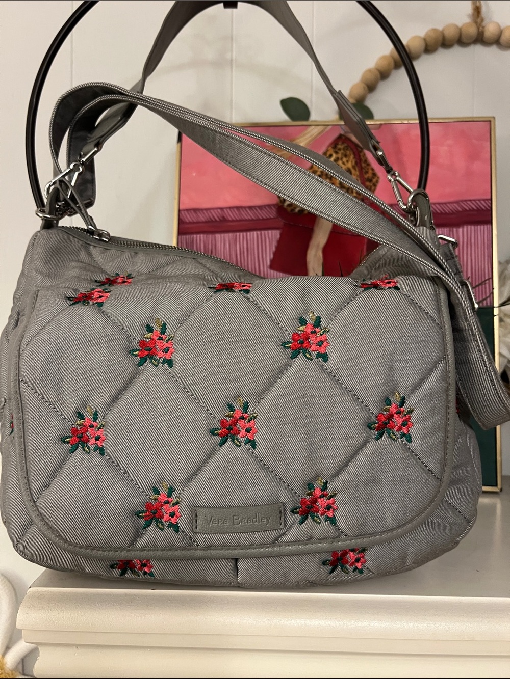 Vera Bradley Large Gray Quilted Crossbody Bag with Pink Floral Embroidery